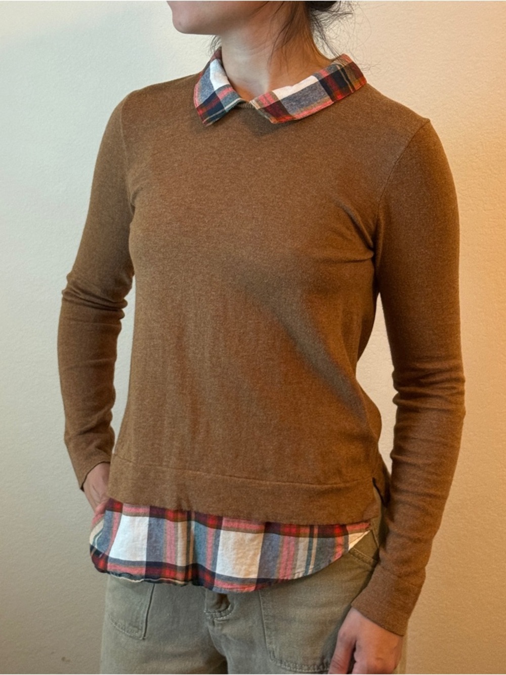 Warm Brown J. Crew Layered Preppy Academic Sweater with Plaid Trim (mended)